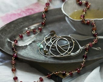 Facted natural pink tourmaline link necklace gold filled clasp