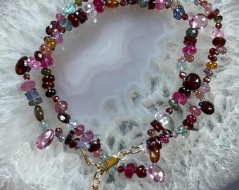 Mixed gemstone necklace with teardrops hand knotted garnet, sapphire sunstone, apatite, spinel