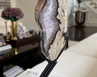Agate and amethyst Geode Slice with Crystals on Black Stand