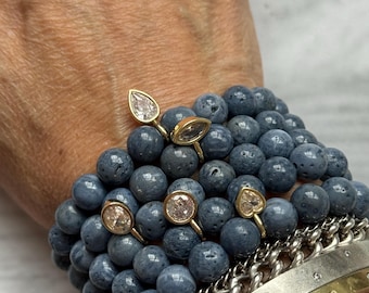 Blue Coral Stretch Bracelet, Choose Your Charm