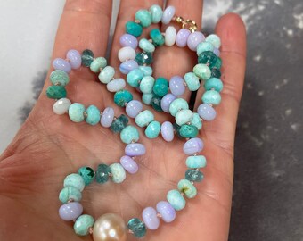 Peruvian Opal, apatite, turquoise Freshwater pearl gemstone knotted necklace