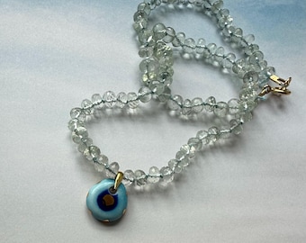 Green amethyst prasiolite gemstone knotted necklace with evil eye charm