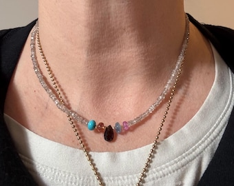 Delicate Zircon with sapphire, aquamarine, tourmaline, sunstone, turquoise 14k gold filled accent beads necklace