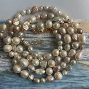 Long mixed freshwater pearl necklace knotted necklace gold filled clasp