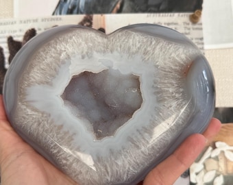 Large Polished Agate and druzy Heart Stone on removable black stand