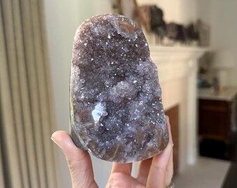 Natural lavender  amethyst sugar druzy free form cut base specimen with stalactite