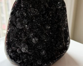Natural bubbly black amethyst sugar druzy cut base specimen