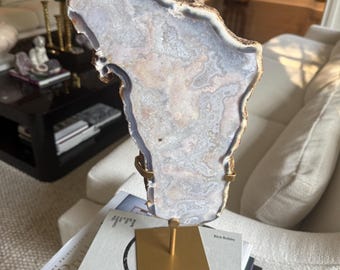 Large Pink Amethyst Slab with Interesting Patterns on gold Display Stand