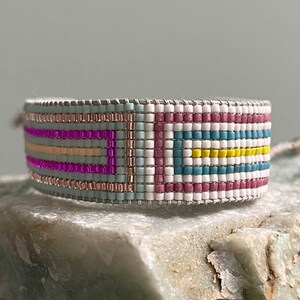 stripe study bead loom bracelet aqua, rose gold, magenta, blush, ivory, mauve, chartreuse, turquoise
