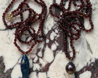 Long knotted faceted garnet pendant necklace choose from pearl of fish