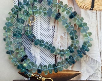 Multi green fluorite knotted necklace gold filled clasp