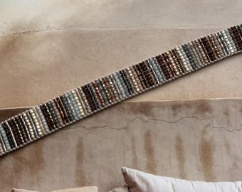 Neutral Ombré Stripe bead loom bracelet chocolate, pewter silver tan