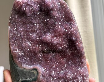 Reddish purple Uruguay rainbow amethyst cut base specimen