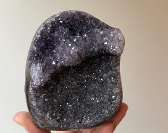 Natural bi-color rainbow amethyst free form cut base specimen agate banding