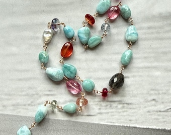Natural larimar and gemstone mix link gemstone necklace