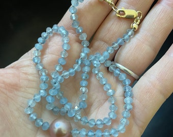 Aquamarine and freshwater pearl knotted necklace