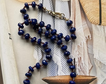 Lapis Lazuli and hessonite garnet knotted necklace gold filled clasp