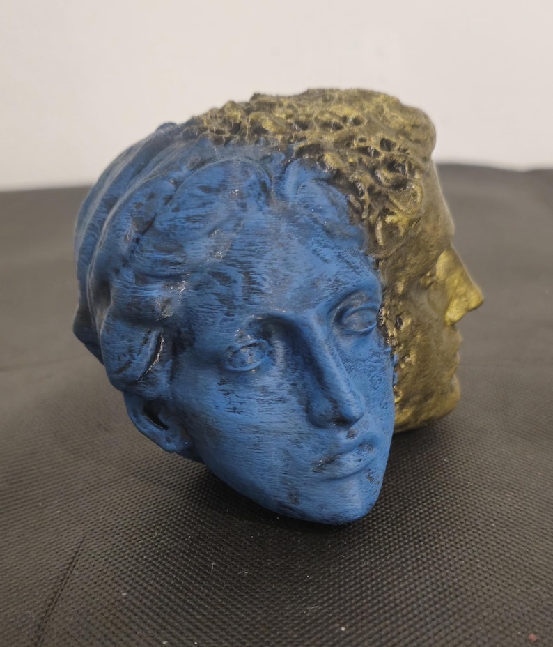 Pode incluir: Uma escultura de face dupla apresentando duas cabe&ccedil;as humanas unidas costas com costas. Um lado tem acabamento em azul fosco com tra&ccedil;os faciais e cabelo detalhados, enquanto o outro lado tem acabamento em dourado met&aacute;lico com superf&iacute;cie texturizada.