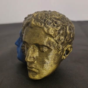 Pode incluir: Uma escultura de face dupla apresentando duas cabe&ccedil;as humanas unidas costas com costas. Um lado tem acabamento em ouro met&aacute;lico com cabelo encaracolado detalhado, enquanto o outro lado &eacute; de um azul fosco s&oacute;lido. A escultura exibe caracter&iacute;sticas faciais, incluindo olhos, narizes e l&aacute;bios com uma express&atilde;o neutra.