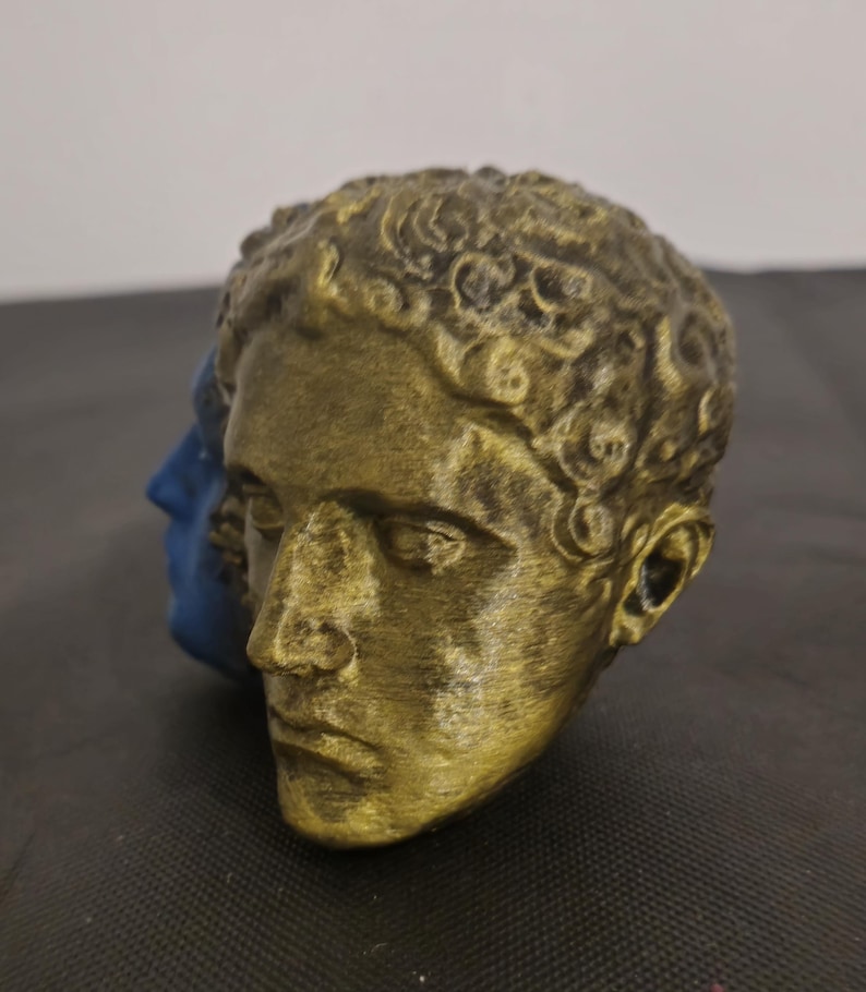 Pode incluir: Uma escultura de face dupla apresentando duas cabe&ccedil;as humanas unidas costas com costas. Um lado tem acabamento em ouro met&aacute;lico com cabelo encaracolado detalhado, enquanto o outro lado &eacute; de um azul fosco s&oacute;lido. A escultura exibe caracter&iacute;sticas faciais, incluindo olhos, narizes e l&aacute;bios com uma express&atilde;o neutra.