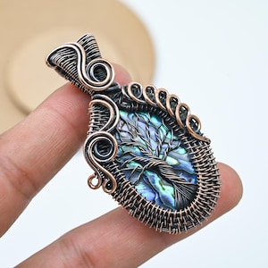 Abalone Shell Tree of Life Copper Wire Wrapped Pendant – Handmade Boho Necklace Gift for Her