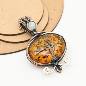 Oval Amber & Moonstone Pendant – Tree of Life Copper Wire Wrapped Necklace