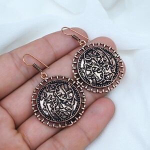 Oxidized Copper Round Dangle Earrings, Antique Silver Tone Statement Earrings, Vintage Style Boho Jewelry, Unique Gift for Her