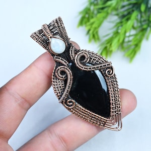 Black Onyx & Moonstone Wire Wrapped Necklace – Handmade Oxidized Copper Bohemian Crystal Pendant