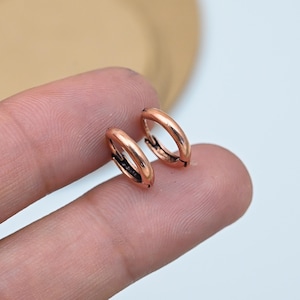 May include: A pair of small, rose gold hoop earrings. The earrings have a hinged closure. They are round and displayed on a finger. The earrings are a simple, classic design. The background is light.