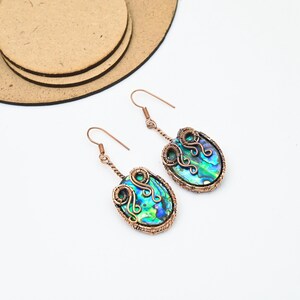 Abalone Shell Copper Wire Wrapped Earrings – Handmade Oval Green Shell Dangle Jewelry | Boho Statement Earrings