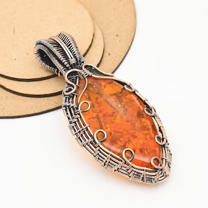 Marquise Amber Copper Wire Wrapped Pendant – Handmade Boho Gemstone Necklace
