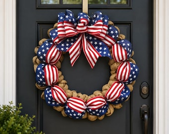 Wieniec z patriotyczną flagą amerykańską, dekoracja z okazji 250. rocznicy USA, dekoracja z okazji 4 lipca, dekoracja z okazji Dnia Pamięci, prezent z okazji dumy USA, wieniec na drzwi wejściowe
