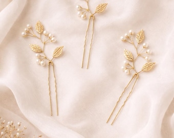 Wedding Hair Pins for Bride, Pearl Leaf Headpiece Set of 3, Gold or Silver Hair Accessory