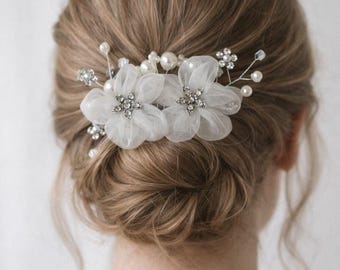 Floral Bridal Hair Comb, Organza Pearl Crystal Wedding Headpiece, Romantic Hair Accessory