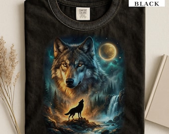 Mystical Wolf Moon T-Shirt, Fantasy Night Forest Graphic Tee