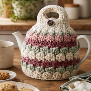 Puede incluir: Una tetera de cerámica blanca con un cubrete de ganchillo crema, rosa y verde. El cubrete tiene un cierre de botón y una abertura para el asa. La tetera está sobre una mesa de madera con galletas y una taza.