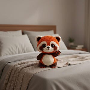 May include: A crocheted red panda toy, featuring a white belly, brown limbs, and a white and brown face. The plush is waving and is placed on a bed with grey bedding and a beige blanket.