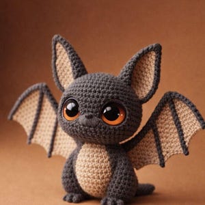 Peut inclure: Une peluche chauve-souris au crochet, principalement grise avec des détails beiges sur les ailes, les oreilles et la poitrine. Elle présente de grands yeux orange et des ailes déployées. La chauve-souris a une apparence amicale et dessinée.