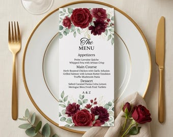 Plantilla elegante para menú de boda con motivos florales y tarjeta de cena con rosas rojas (descarga instantánea).