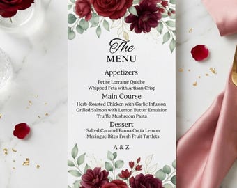 Elegant Floral Wedding Menu Template, Red Roses Dinner Card (Instant Download)