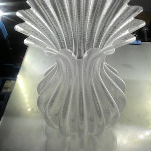 May include: A clear, textured glass vase with a unique, stylized design. The vase features a flared, fan-like top and a spiraling, textured body. The overall shape is reminiscent of a flower or seashell.