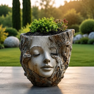 Peut inclure: Un pot de fleurs en forme de tronc d'arbre avec un visage humain sculpté sur le devant. Le visage a les yeux fermés et une expression sereine. L'extérieur présente une texture d'écorce dans des tons marron et gris. Des plantes succulentes poussent à l'intérieur.