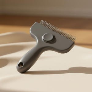 Peut inclure: Un râteau de toilettage gris pour animaux doté d'une tête large avec une rangée de dents métalliques fines et un bouton circulaire central. Le manche est ergonomique avec une finition lisse et comprend un petit trou circulaire à la base.