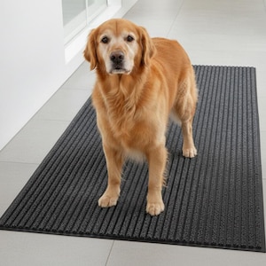Op de afbeelding: Een rechthoekige donkergrijze vloermat met een gestructureerd, geribbeld oppervlak. De mat is voorzien van een consistent lineair patroon over de gehele lengte, wat een functioneel oppervlak biedt voor gebruik binnenshuis.