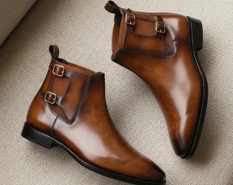 Men's Brown Leather Double Monk Strap Ankle Boots – Handmade Dress Shoes