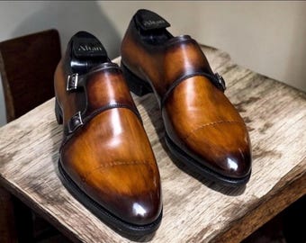 Handmade Full Grain Leather Double Monk Strap Shoes – Goodyear Welted Dress Shoes for Men, Luxury Formal Wedding Groom Shoes