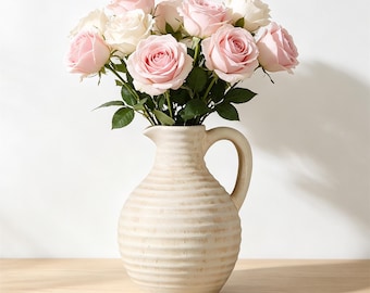 Rustic Vase,Textured Striped Jug Vase With Handle,Wabi‑Sabi Ceramic Vase,Farmhouse Decor Vase,Vintage Style Home Table Decor for Flowers