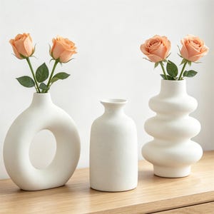 Set van 3 keramische vazen, minimalistische moderne decoratieve vaas, tafelstuk, bloemenvaas, donut en golvende vaas voor woondecoratie, housewarmingcadeaus