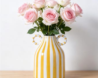 Striped Ceramic Vase With Double Ring Handles, Decorative Ear Vase for Table Centerpiece, Modern Farmhouse Home Decor,Housewarming Gift