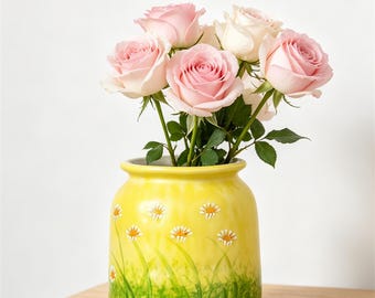Yellow Green Daisy Ceramic Vase,Cottagecore Floral Pottery Vase,Spring Flower Vase for Home Decor,Boho Table Centerpiece Vase,Gifts For Her